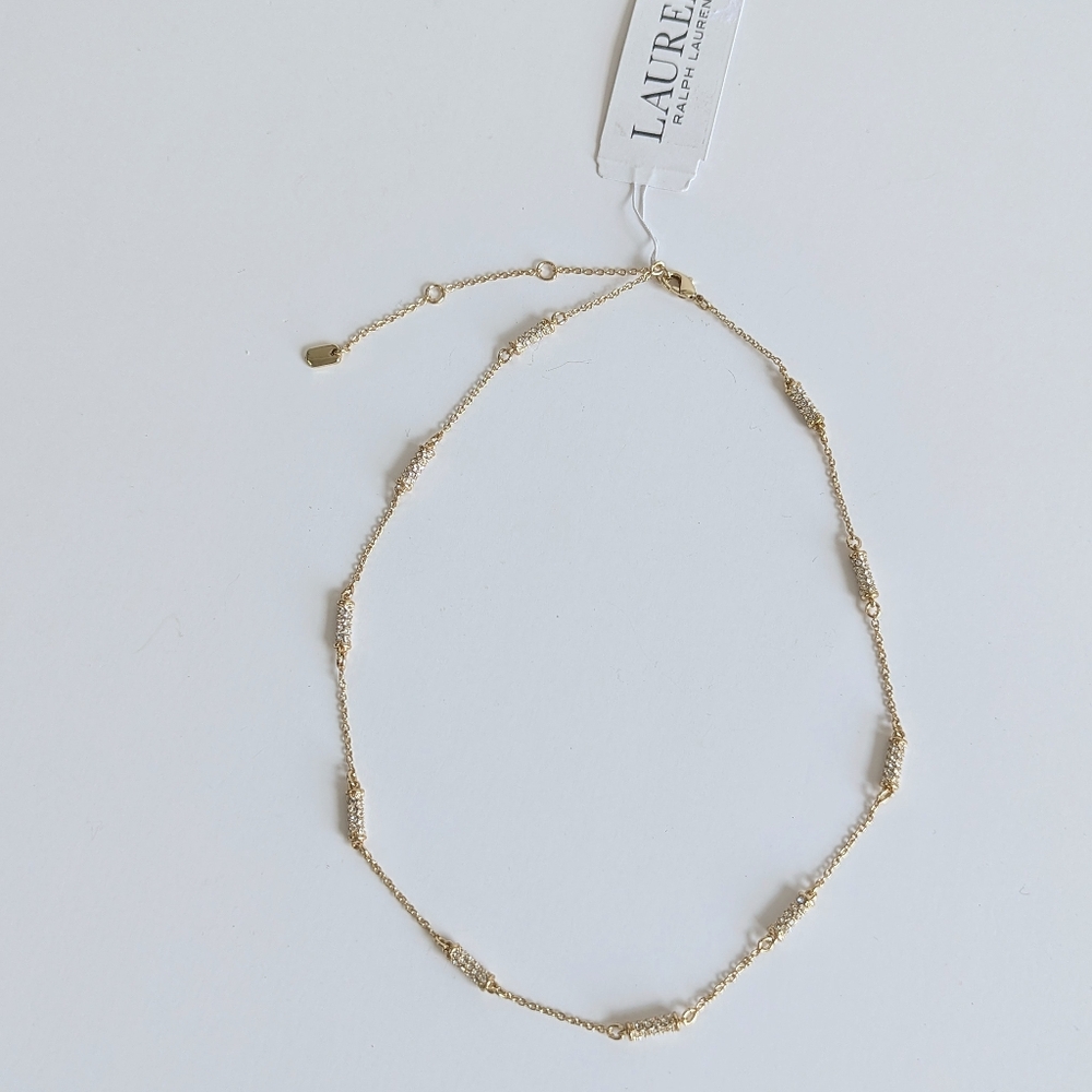 Lauren Ralph Lauren Pavé Tube Barrel Chain Collar Necklace Gold Tone - Picture 2 of 7
